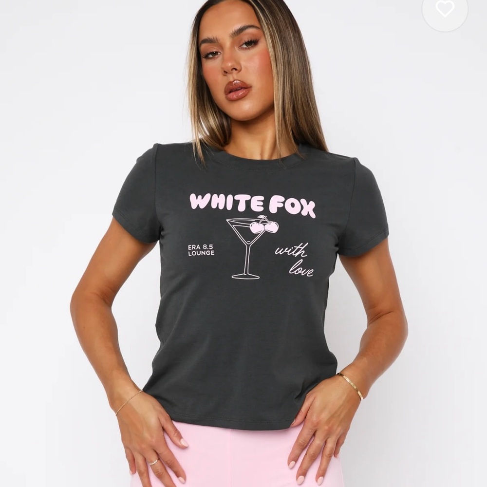 White Fox Boutique Charcoal Tee with Pink Graphic